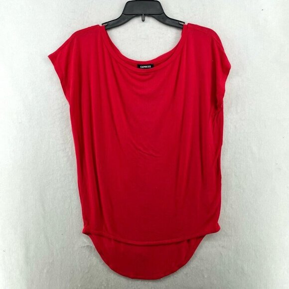 Express Top Women's Sz XS Red Round Neck Short Sleeve Stretch Long Back Pullover - Picture 1 of 11